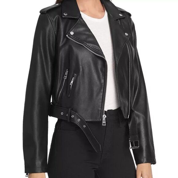 Levi's Women's Size S Vegan Leather Belted Hem Cropped Moto Jacket - Picture 6 of 11